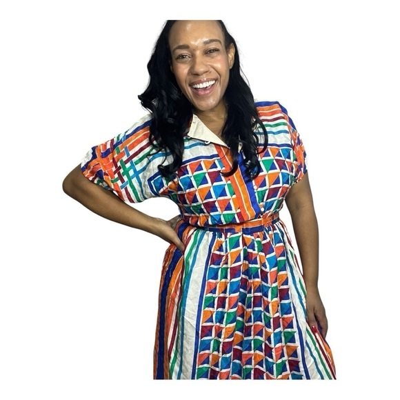 Vintage silk colorful A-line midi dress retro chic 80s twee bold graphic mod - Picture 15 of 15